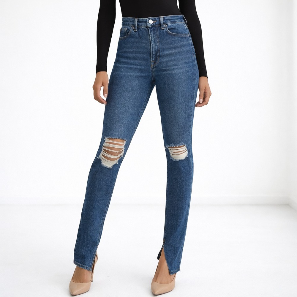 Good American Good Waist High Rise Straight Jeans 28 Distressed Split Hem
